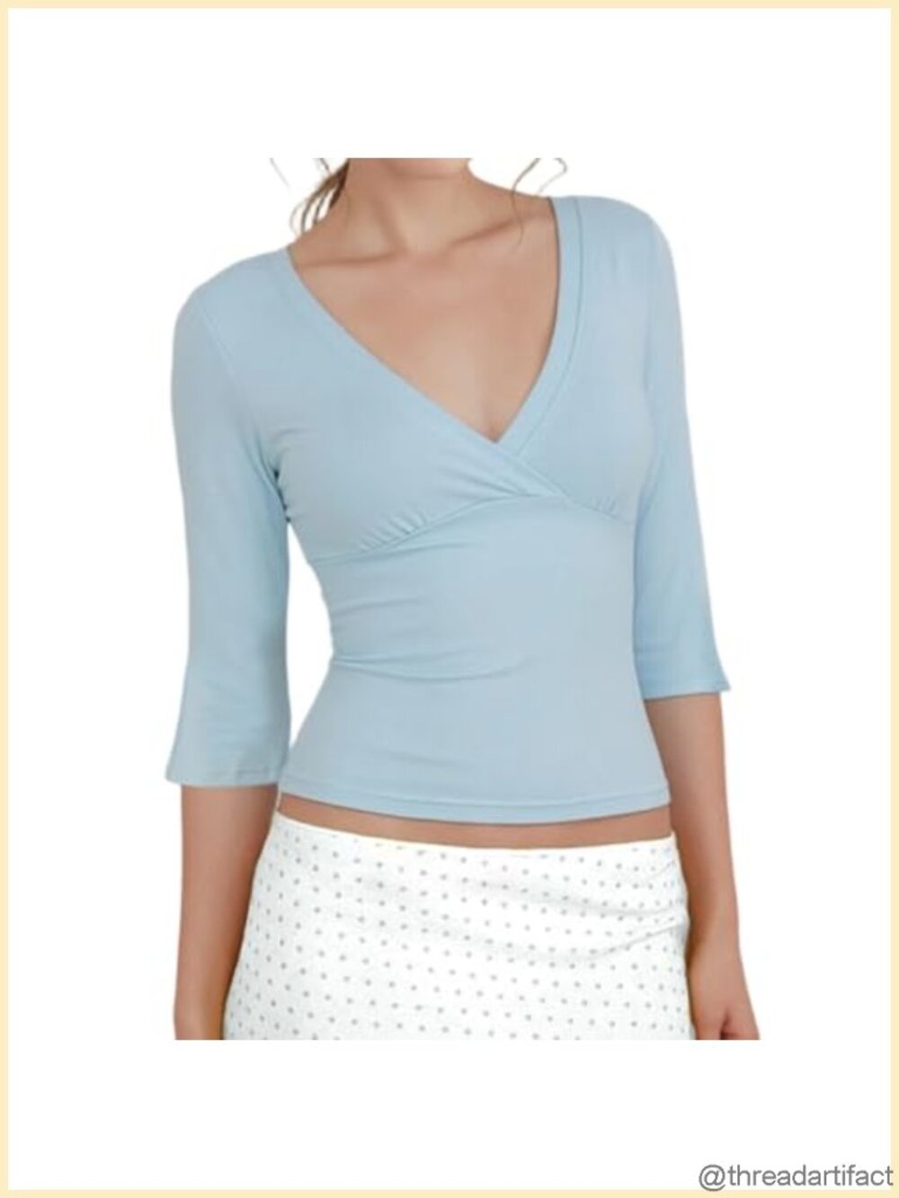 Women 3/4 Sleeve Crop Top Open Back V Neck Ruched T-Shirt